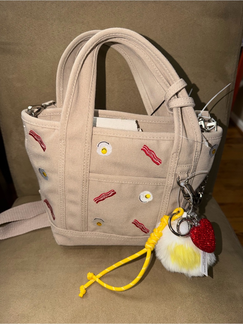 Steve Madden Beige Mini Tote with Bacon & Egg Embroidery